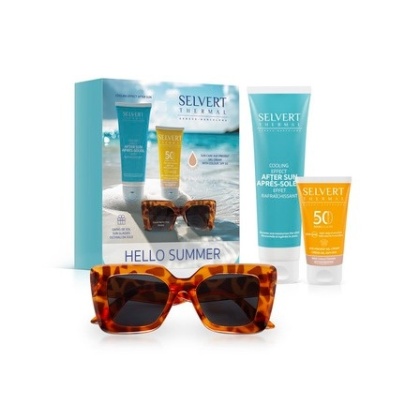 Selvert Thermal Hello Summer ZESTAW Emulsja po opalaniu 150 ml + Żel-krem do twarzy z kolorem SPF 50 + Okulary (wzór panterka)