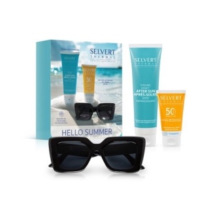 Selvert Thermal Hello Summer ZESTAW Emulsja po opalaniu 150 ml + Żel-krem do twarzy z kolorem SPF 50 + Okulary (wzór czarny)