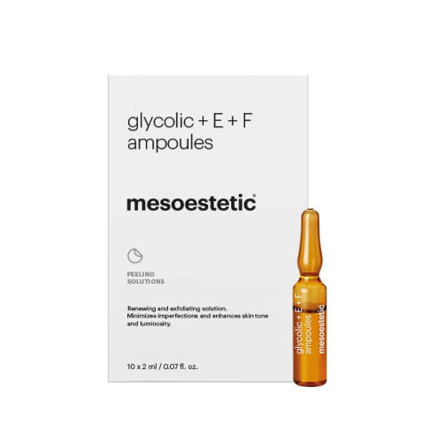 Mesoestetic Glycolic + E + F Ampoules Redukuje niedoskonałości, rozświetla i ujednolica koloryt skóry 10 x 2 ml